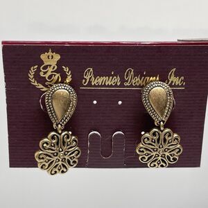 Vintage Premier Designs Gold Tone Filigree Dangle Clip On Earrings Statement